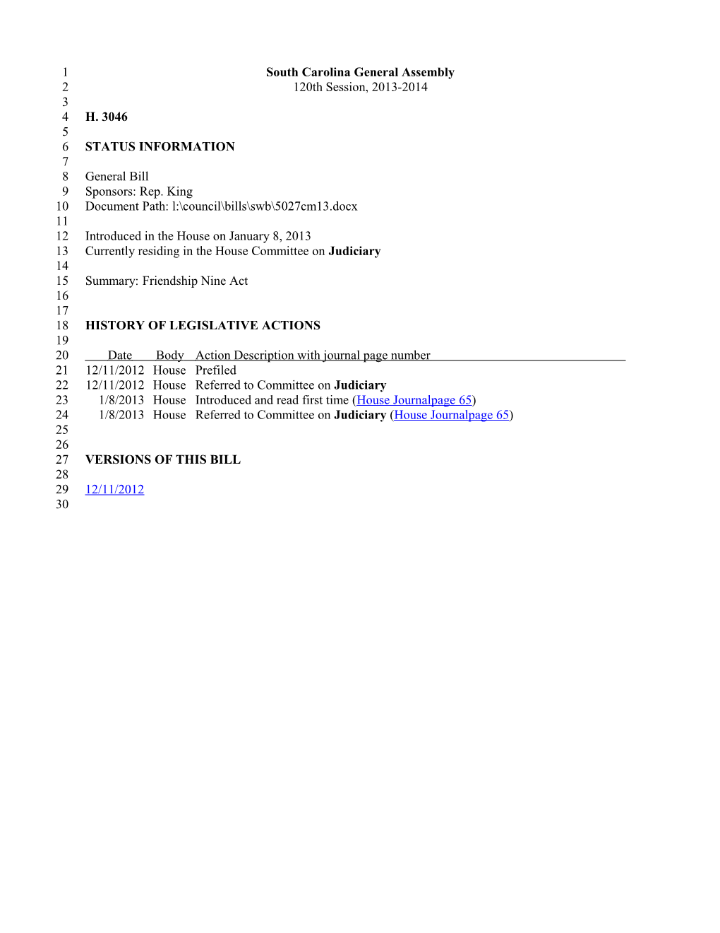 2013-2014 Bill 3046: Friendship Nine Act - South Carolina Legislature Online