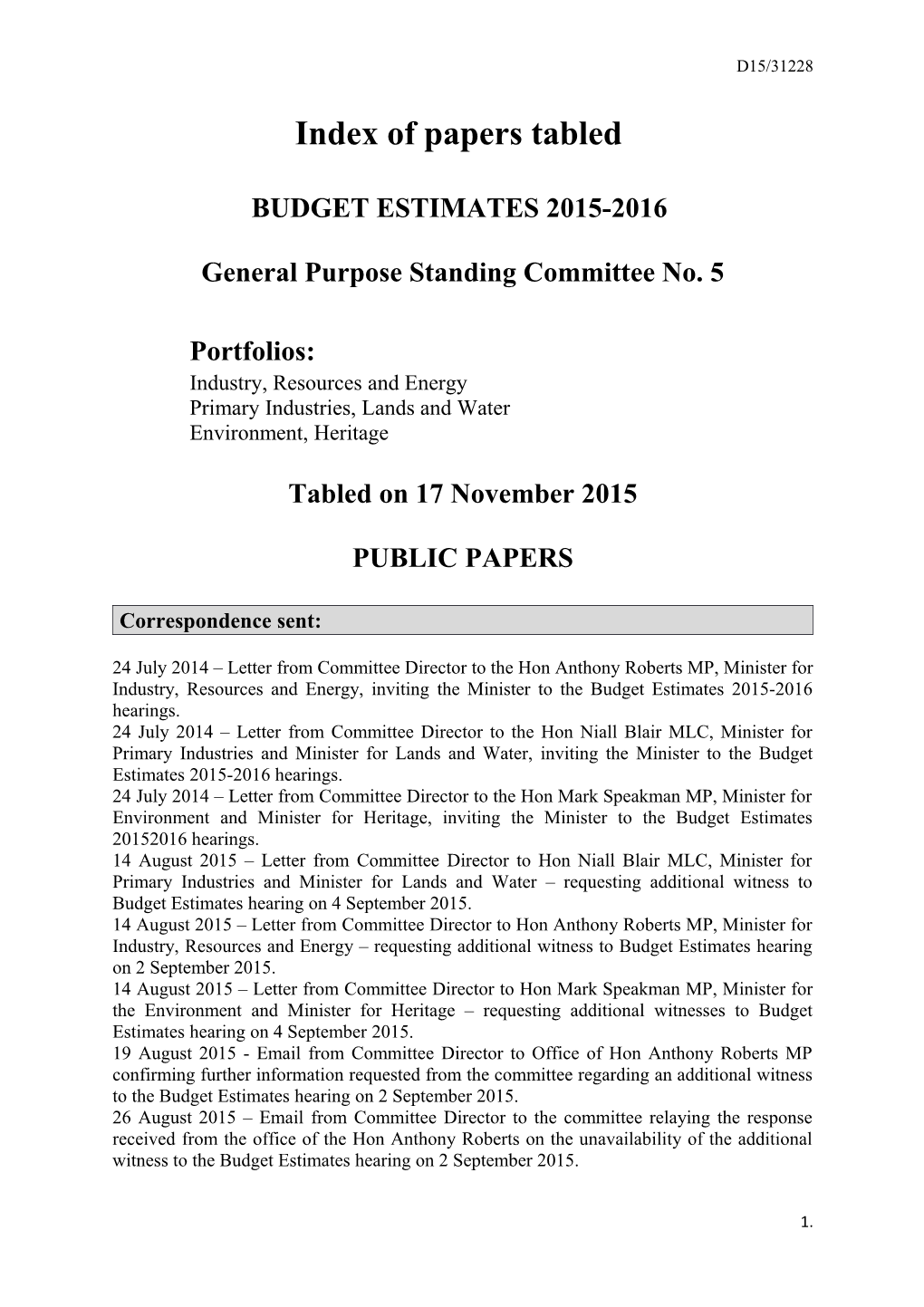 Tabled Papers - Index for Table Office - GPSC No 5