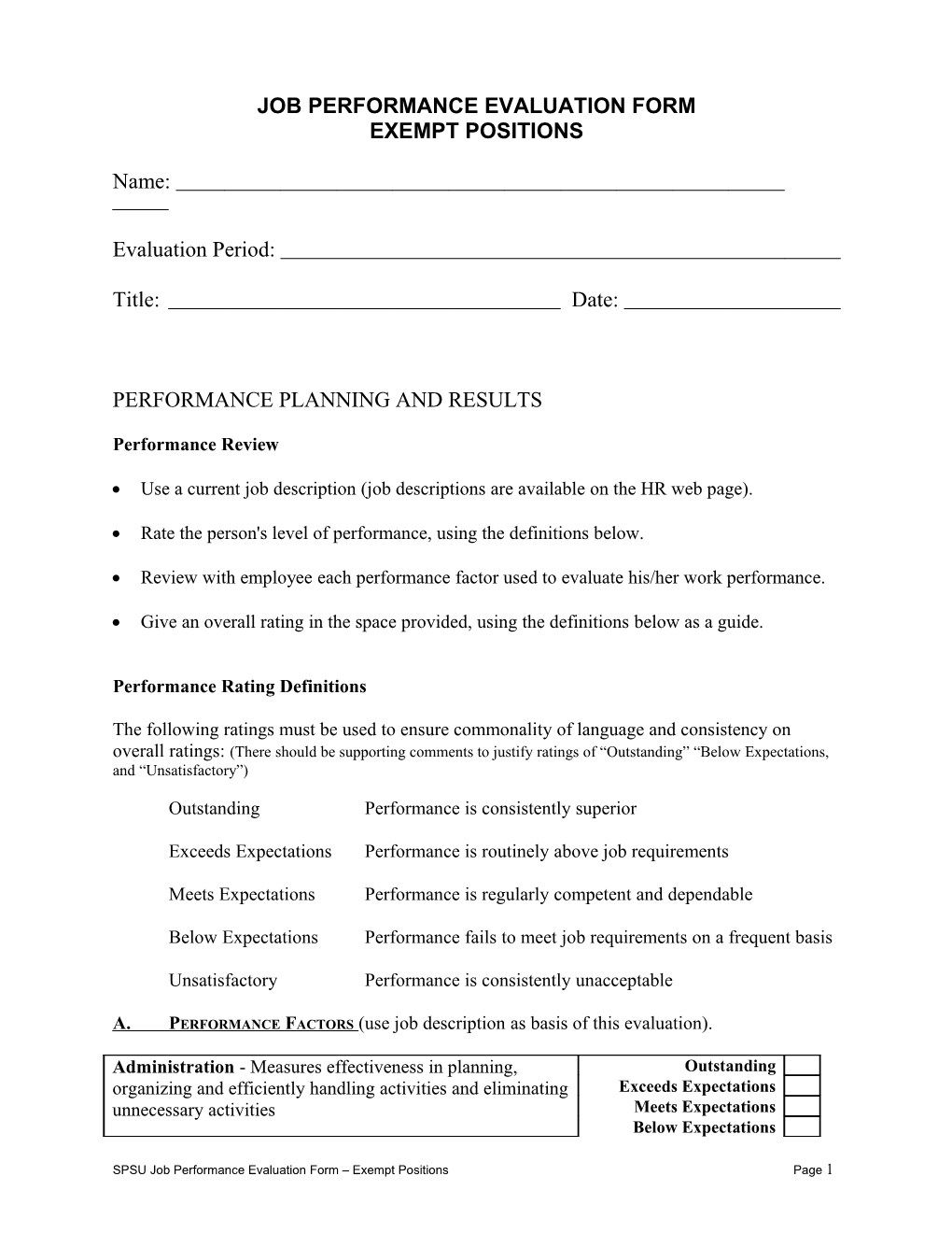 Job Performance Evaluation Form