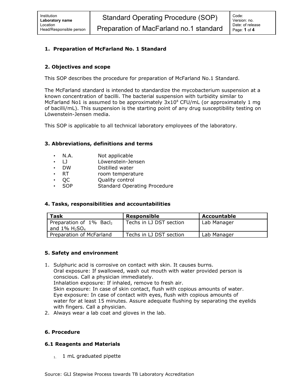 This SOP Describes the Procedure for Preparation of Mcfarland No.1 Standard