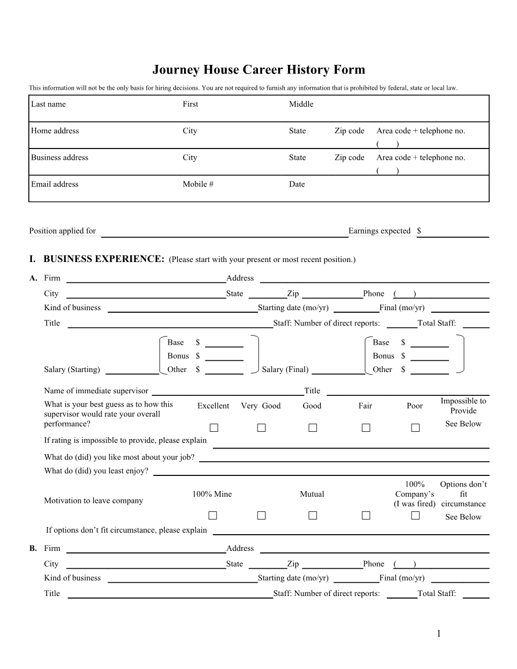 Journey House Career History Form