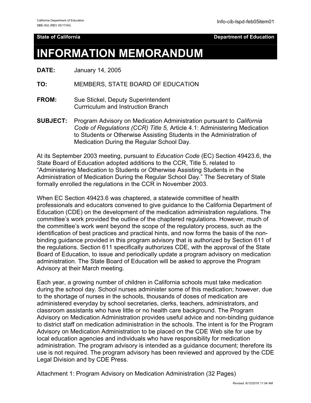 February 2005 LSPD Item 1 - Information Memorandum (CA State Board of Education)