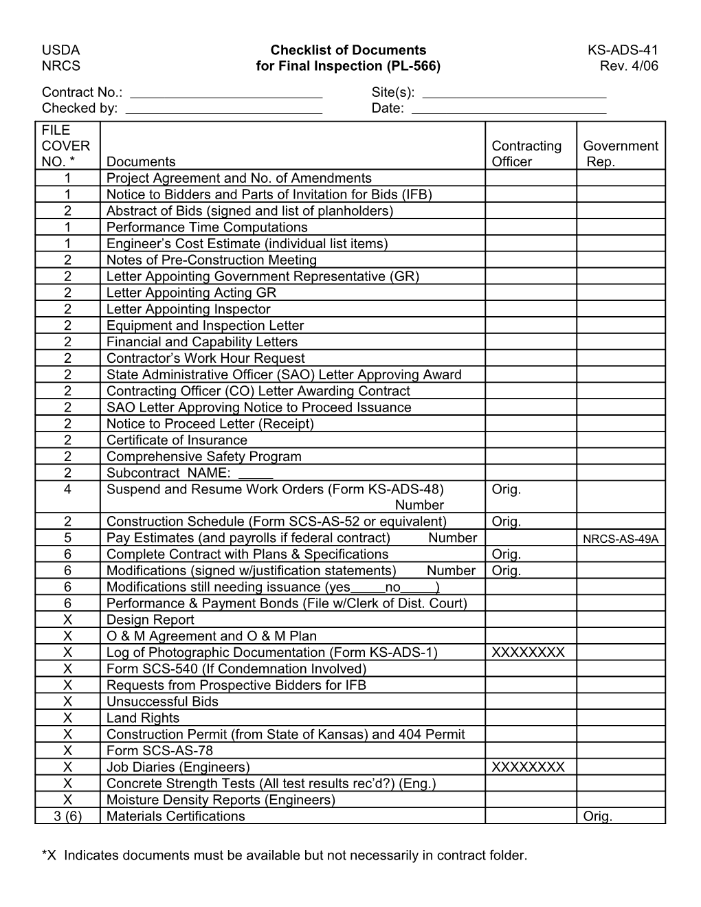 USDA Checklist of Documents KS-ADS-41