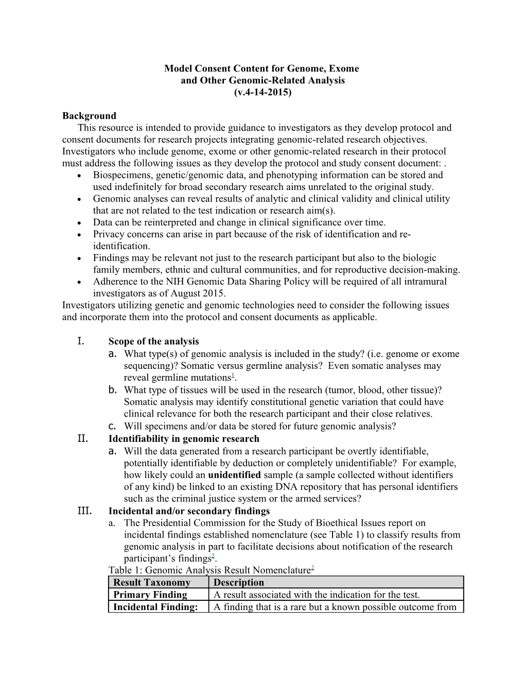 Model Consent Content for Genome, Exome