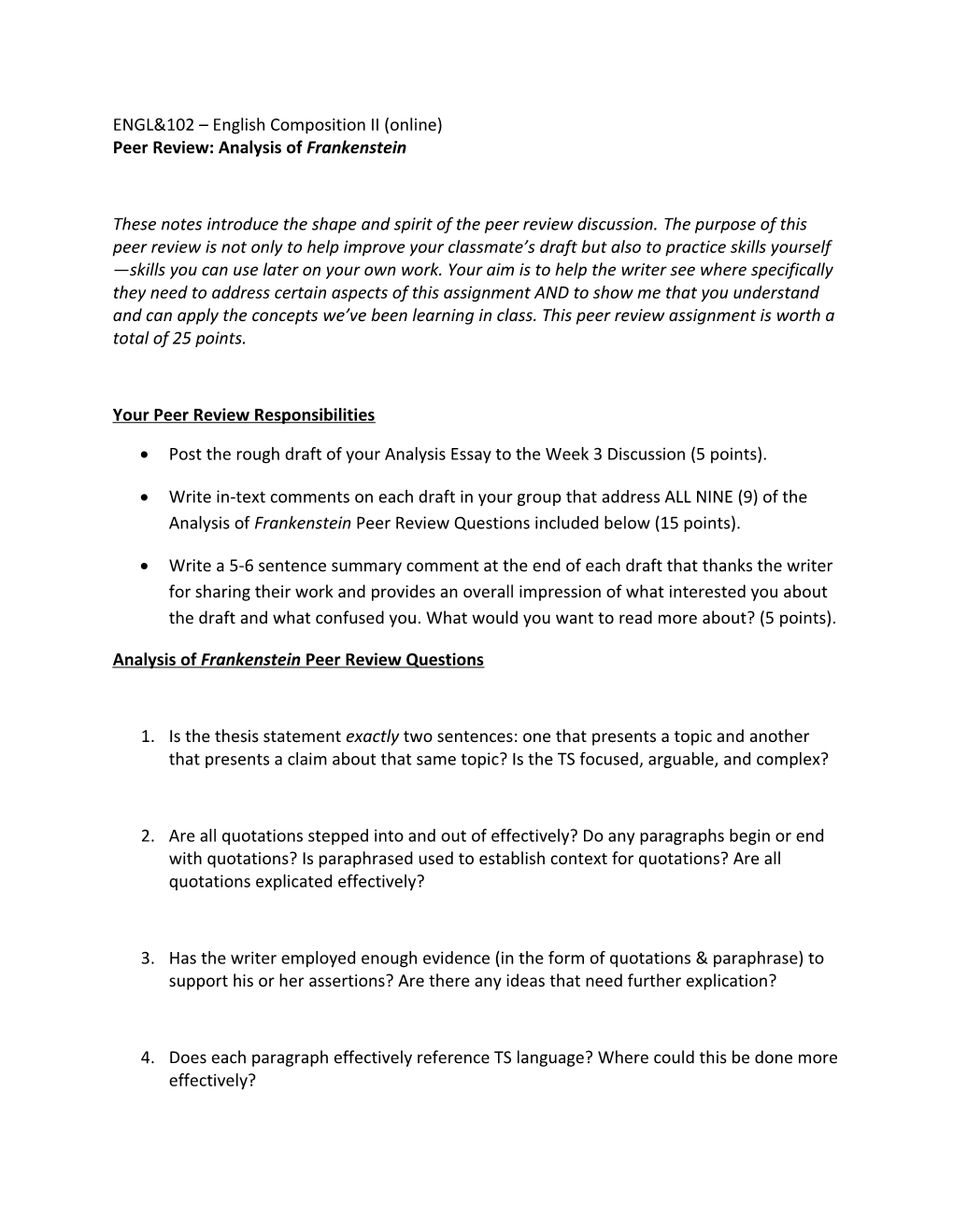 Peer Review: Analysis of Frankenstein