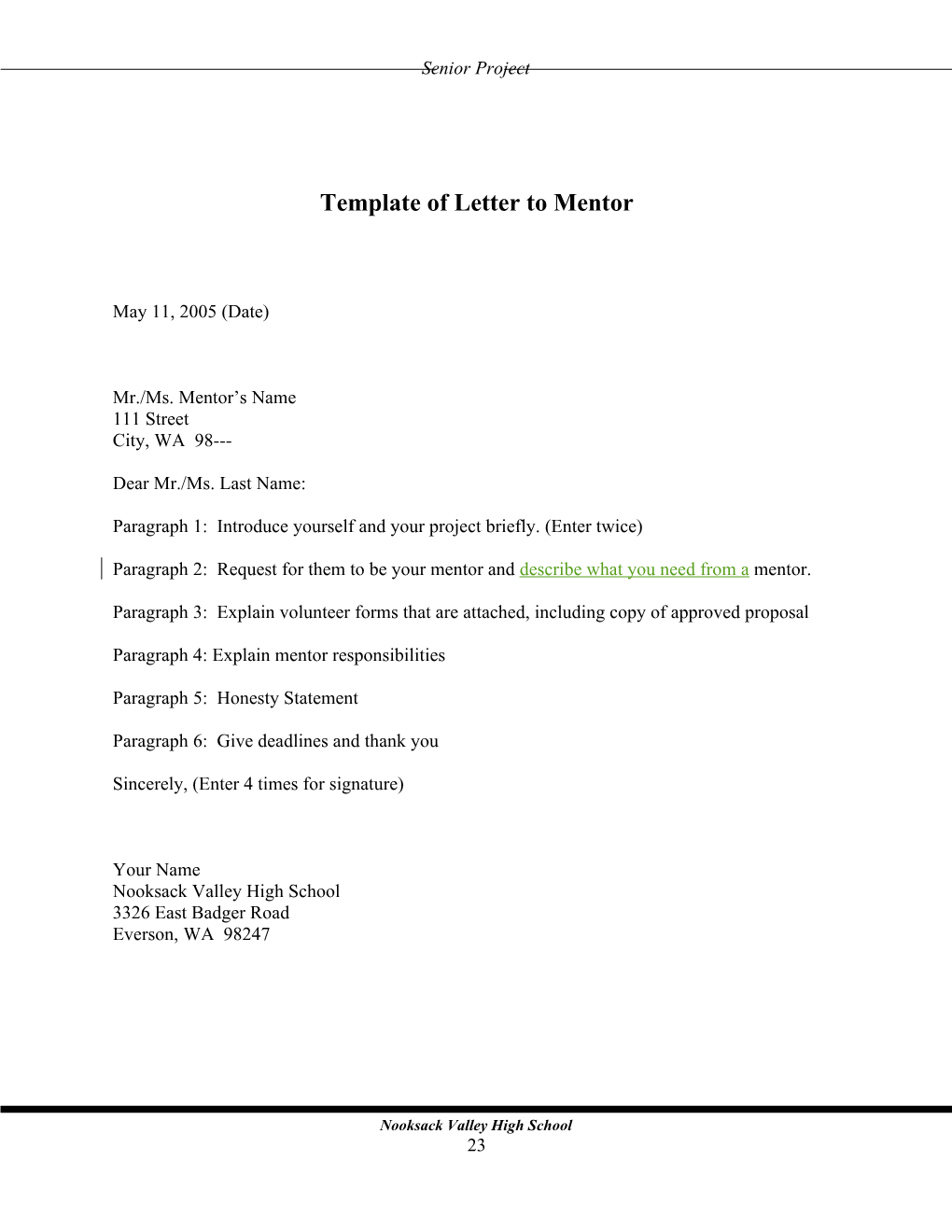 Template of Letter to Mentor