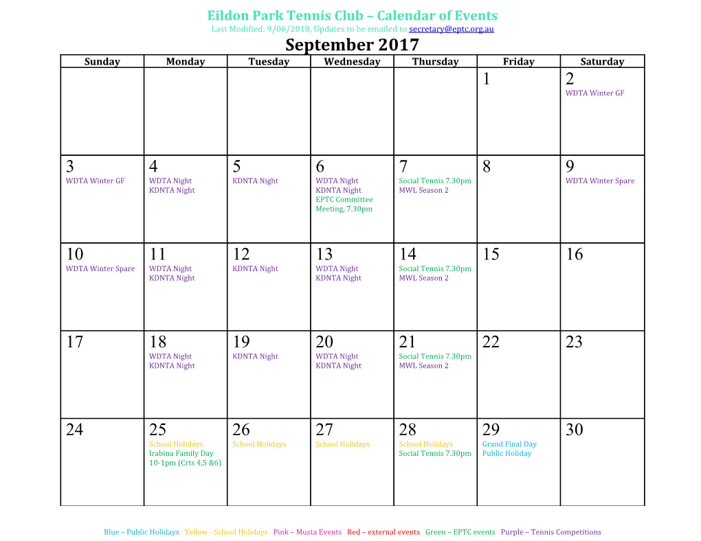 Eildon Park Tennis Club Calendar of Events