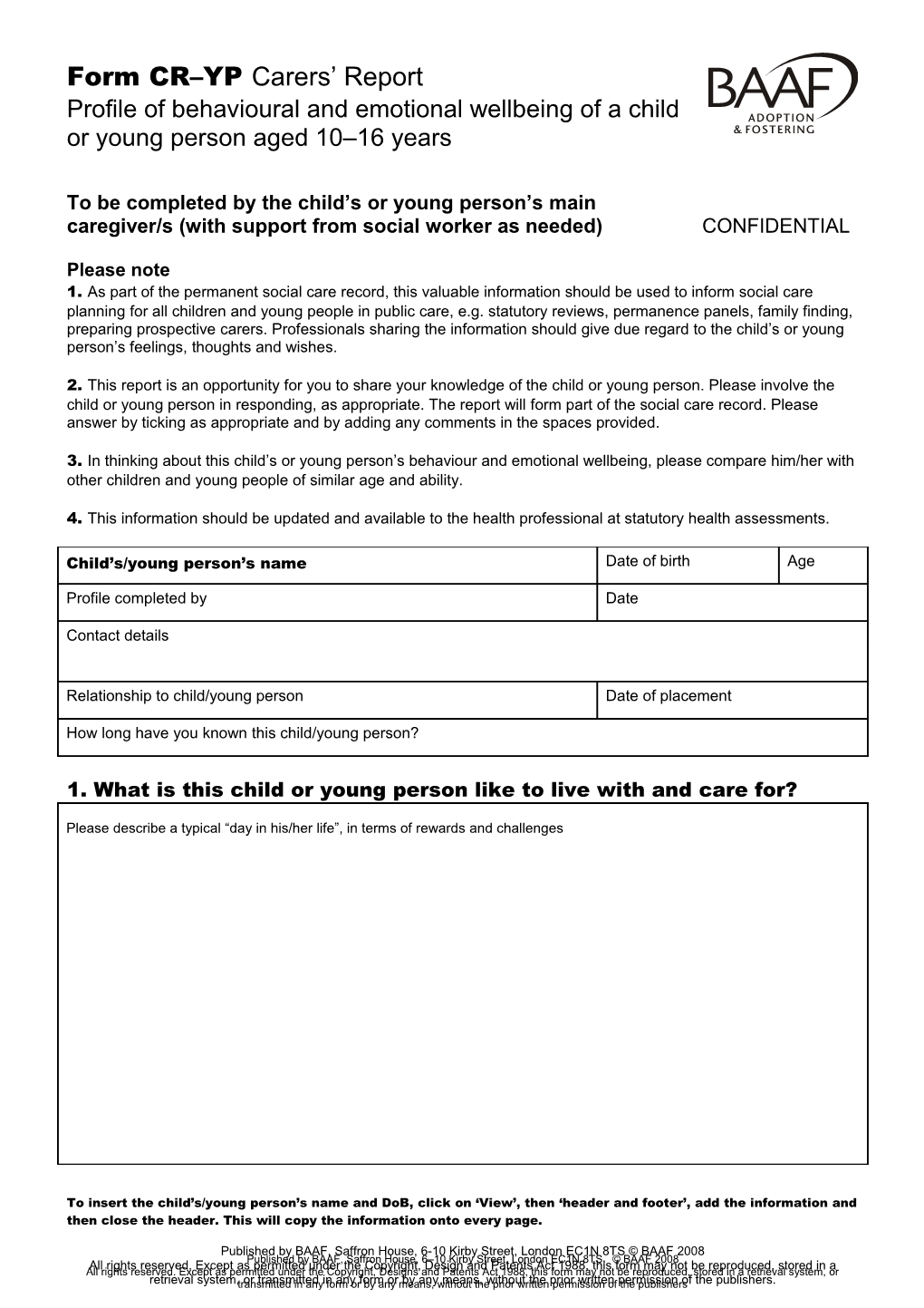 BAAF Form Carers' Report-Young Person (CR-YP) 2008