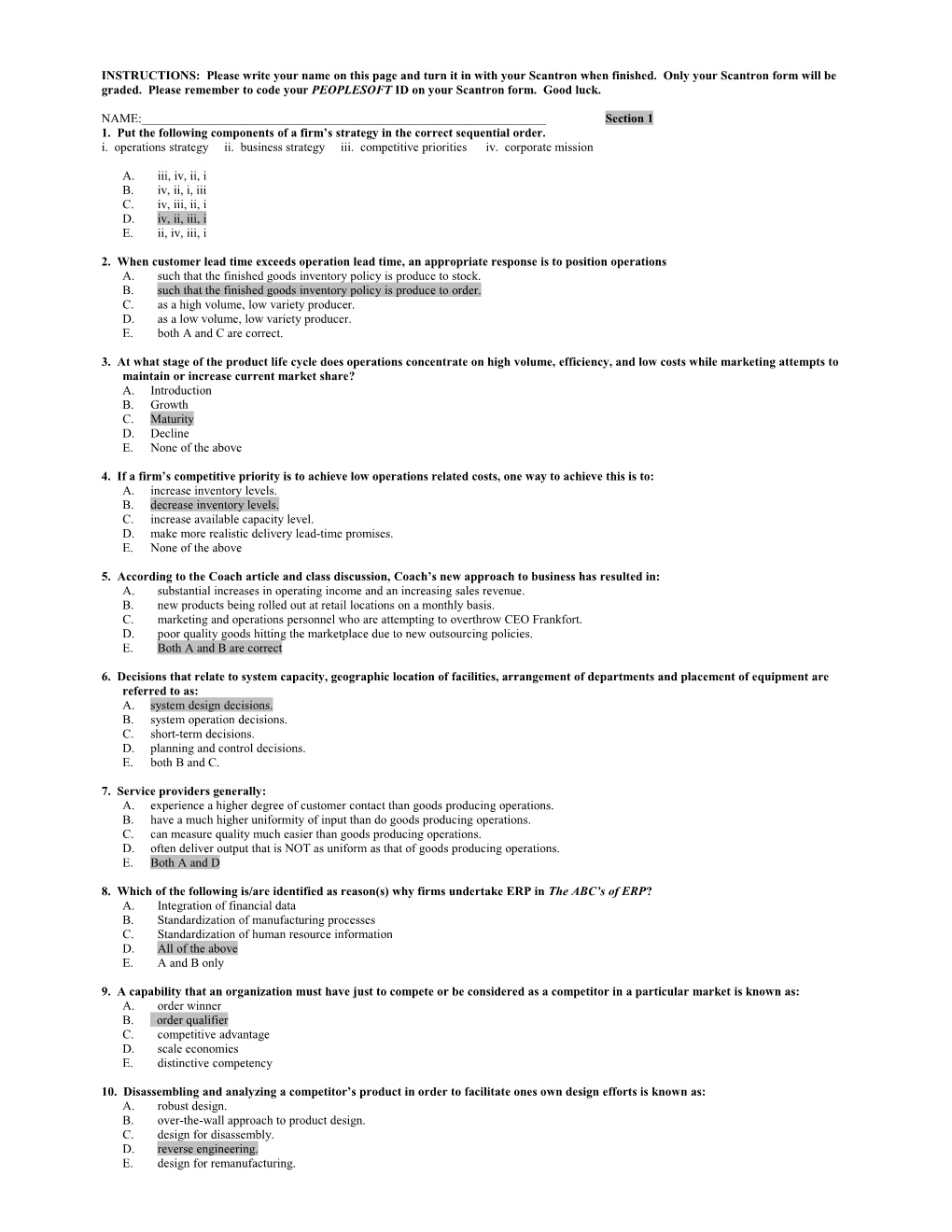 1. Put the Following Components of a Firm S Strategy in the Correct Sequential Order