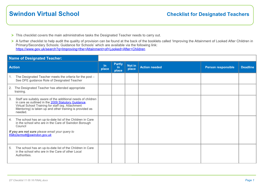 This Checklist Covers the Main Administrative Tasks the Designated Teacher Needs to Carry Out