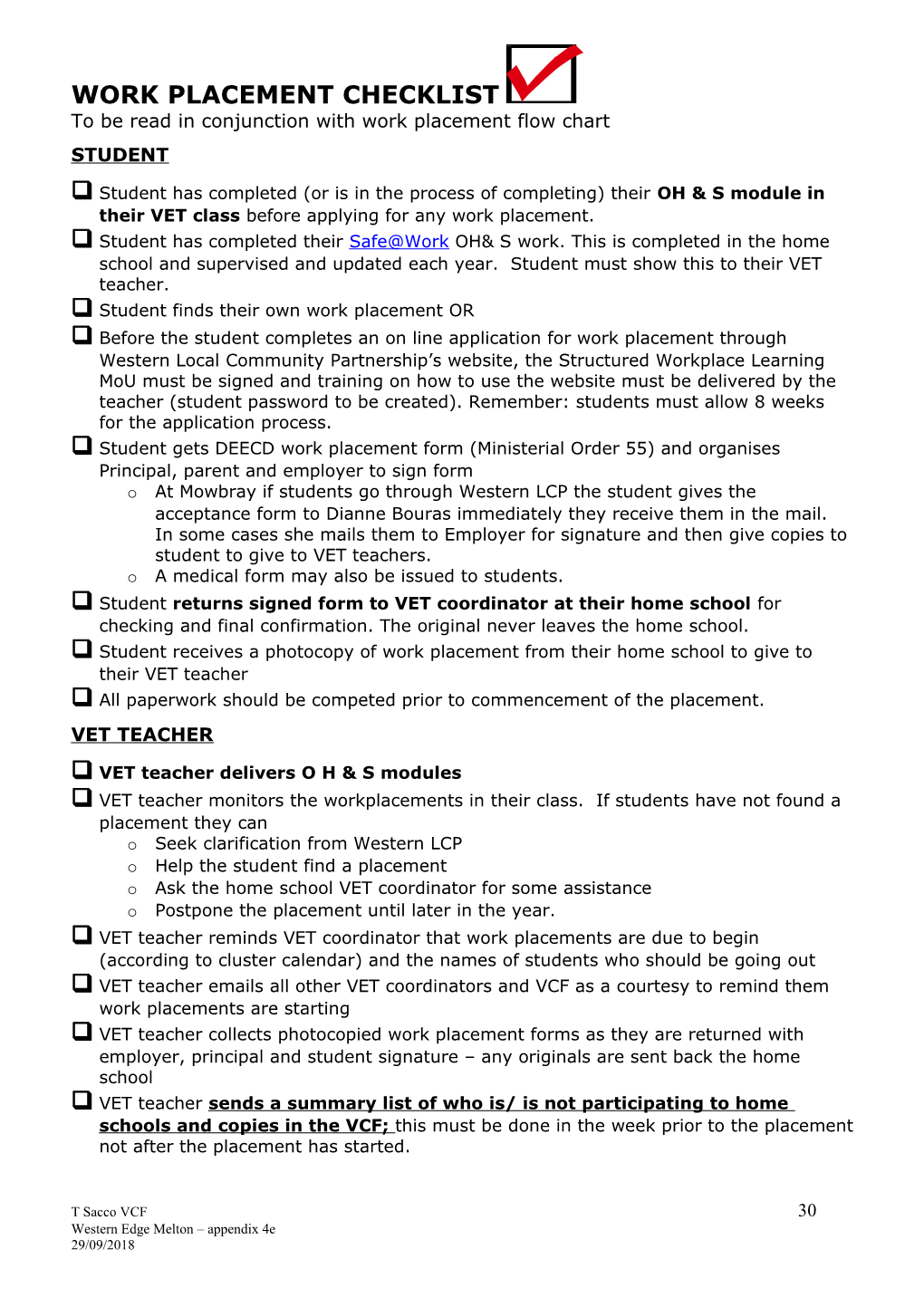 Work Placement Checklist