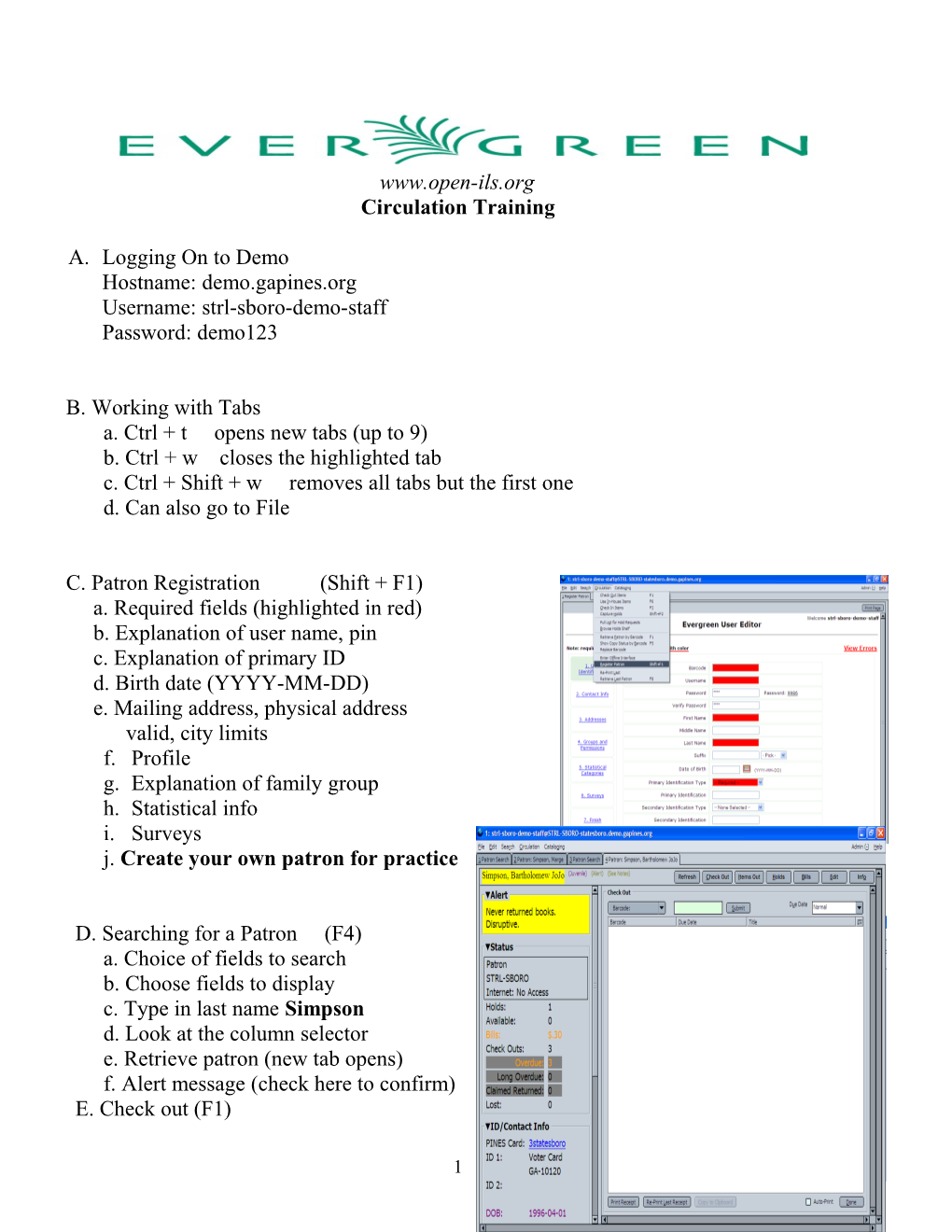 Evergreen Training Outline Circulation