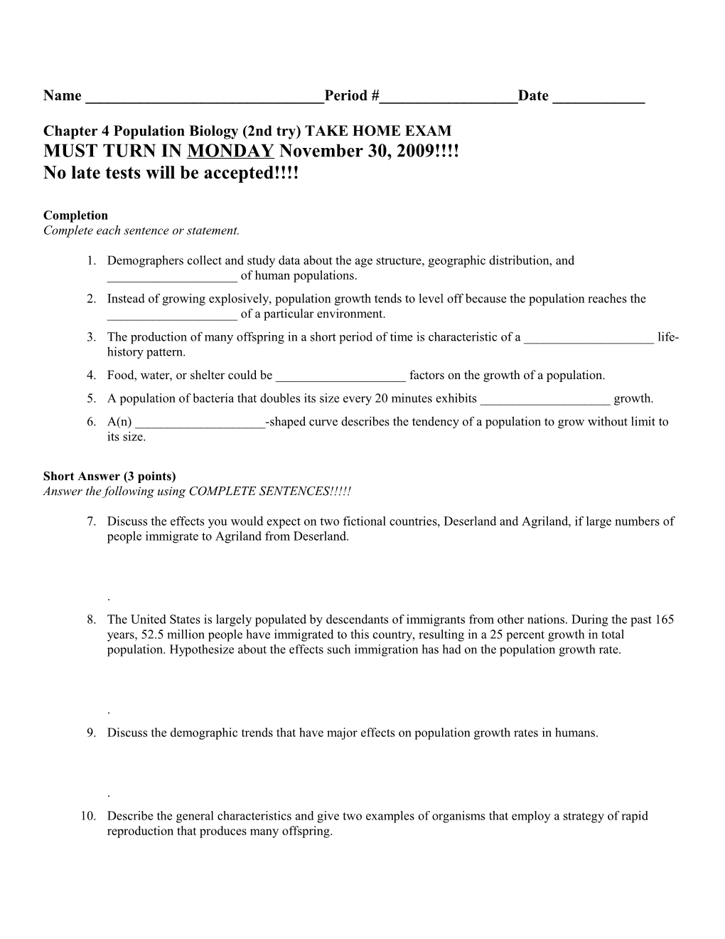 Chapter 4 Population Biology (2Nd Try) TAKE HOME EXAM