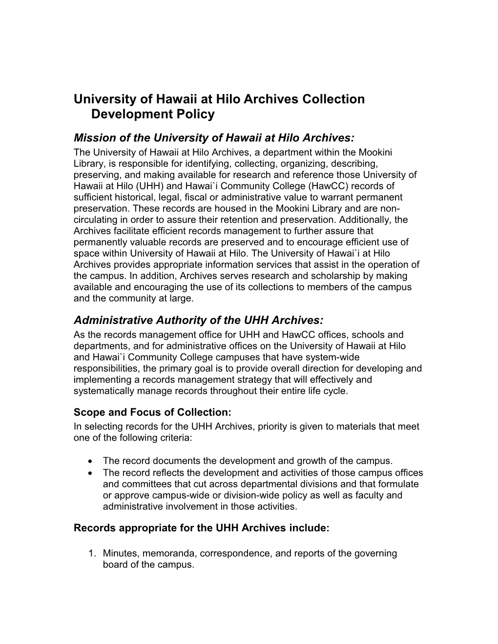 University of Hawaii at Hilo Archives Collection Development Policy