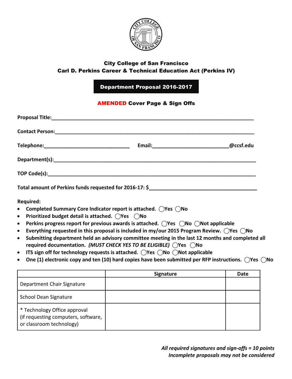 CCSF CARL D. PERKINS CTEA 2016-2017 DEPARTMENTAL PROPOSAL, Amended 1/28/16