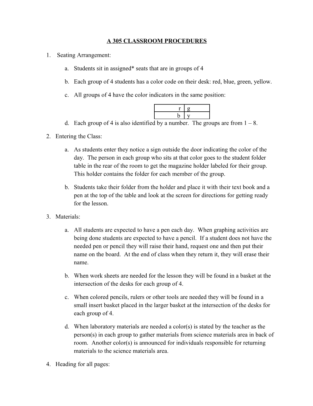 A 305 Classroom Procedures