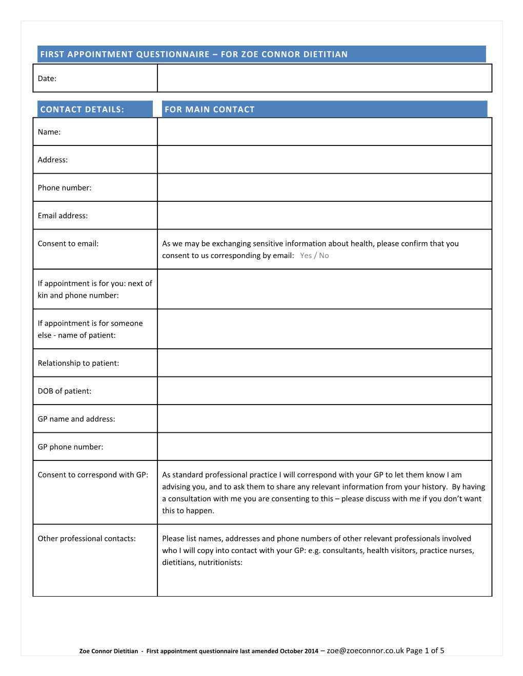 First Appointment Questionnaire for Zoe Connor Dietitian