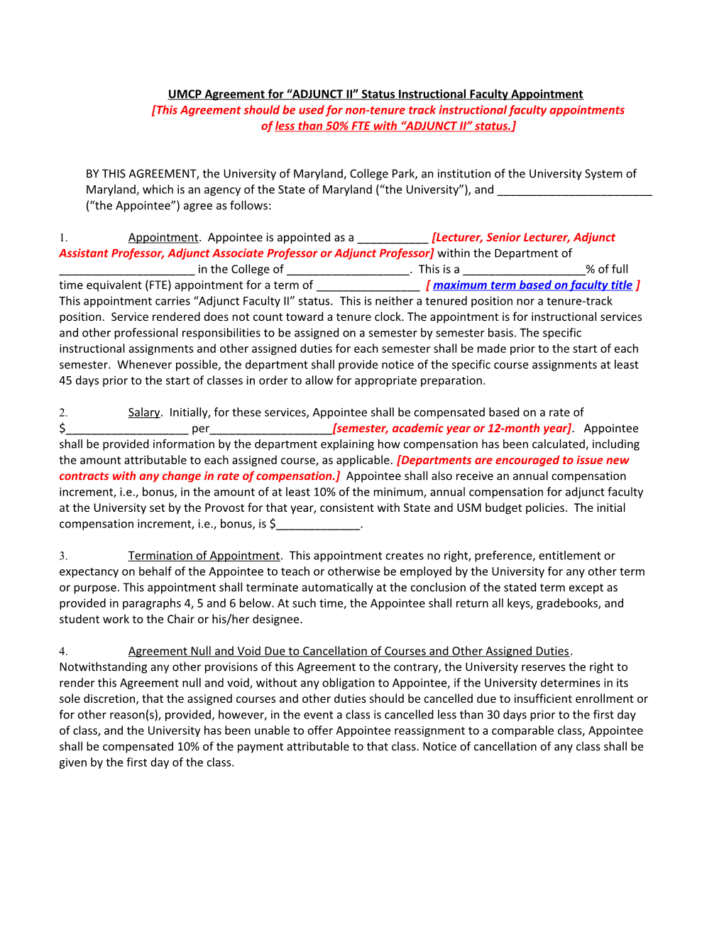 UMCP Agreement for Appointment to Non-Tenured Faculty Position for Instructional Services