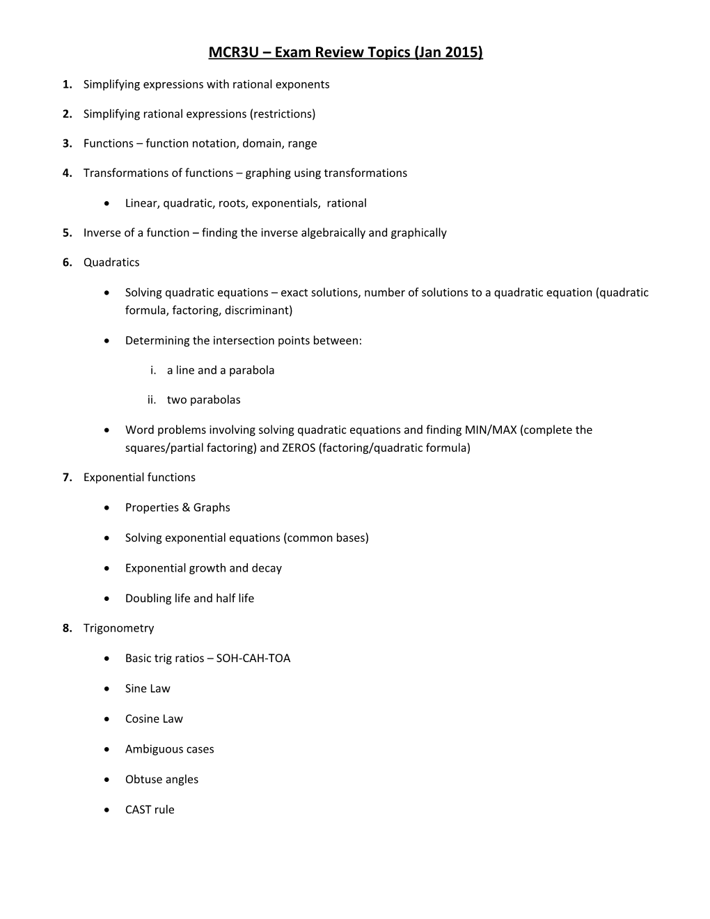 MCR3U Exam Review Topics (Jan 2015)