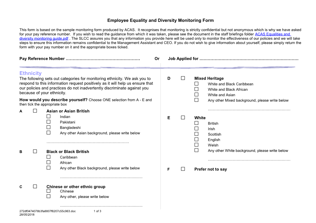 Employee Equality and Diversity Monitoring Form