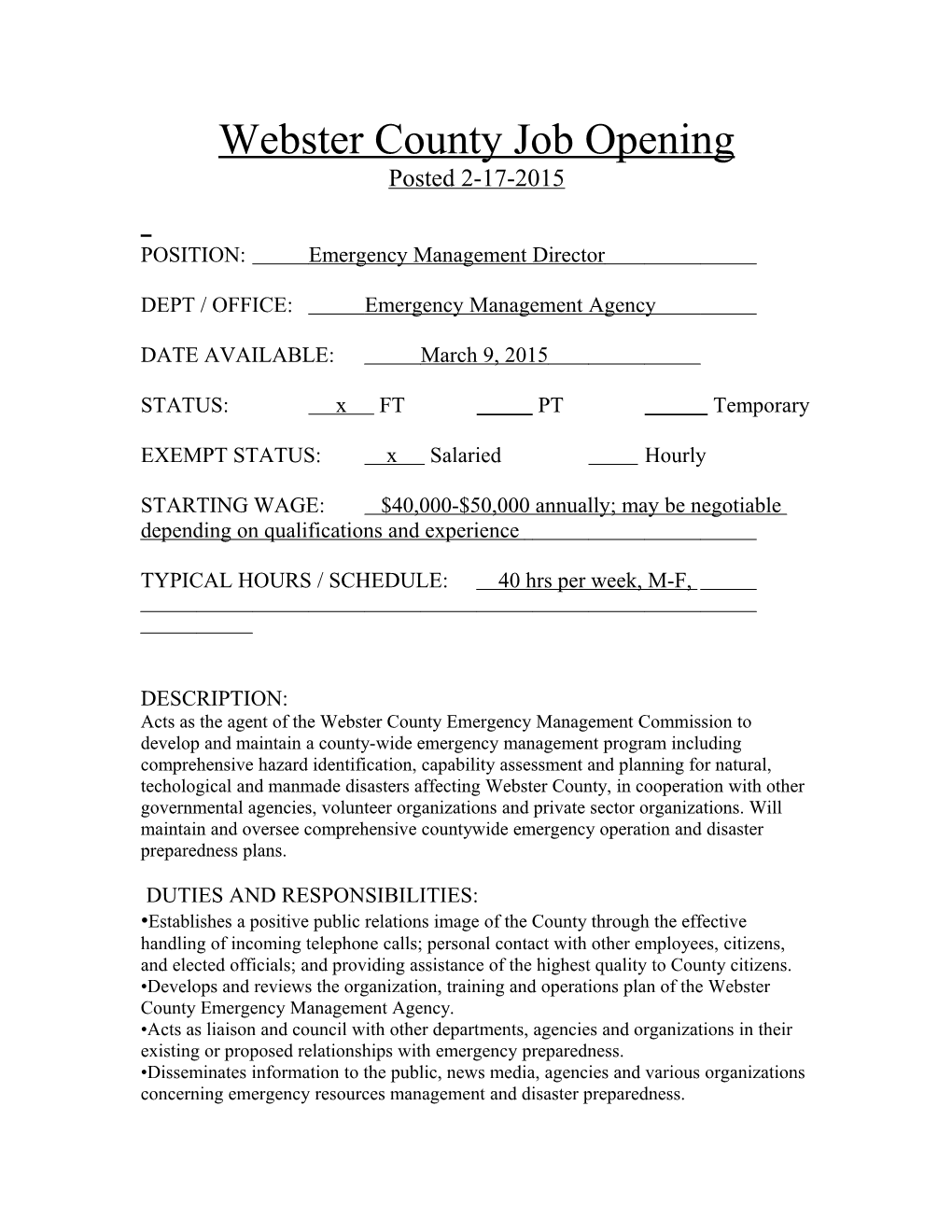 Webster County Job Opening