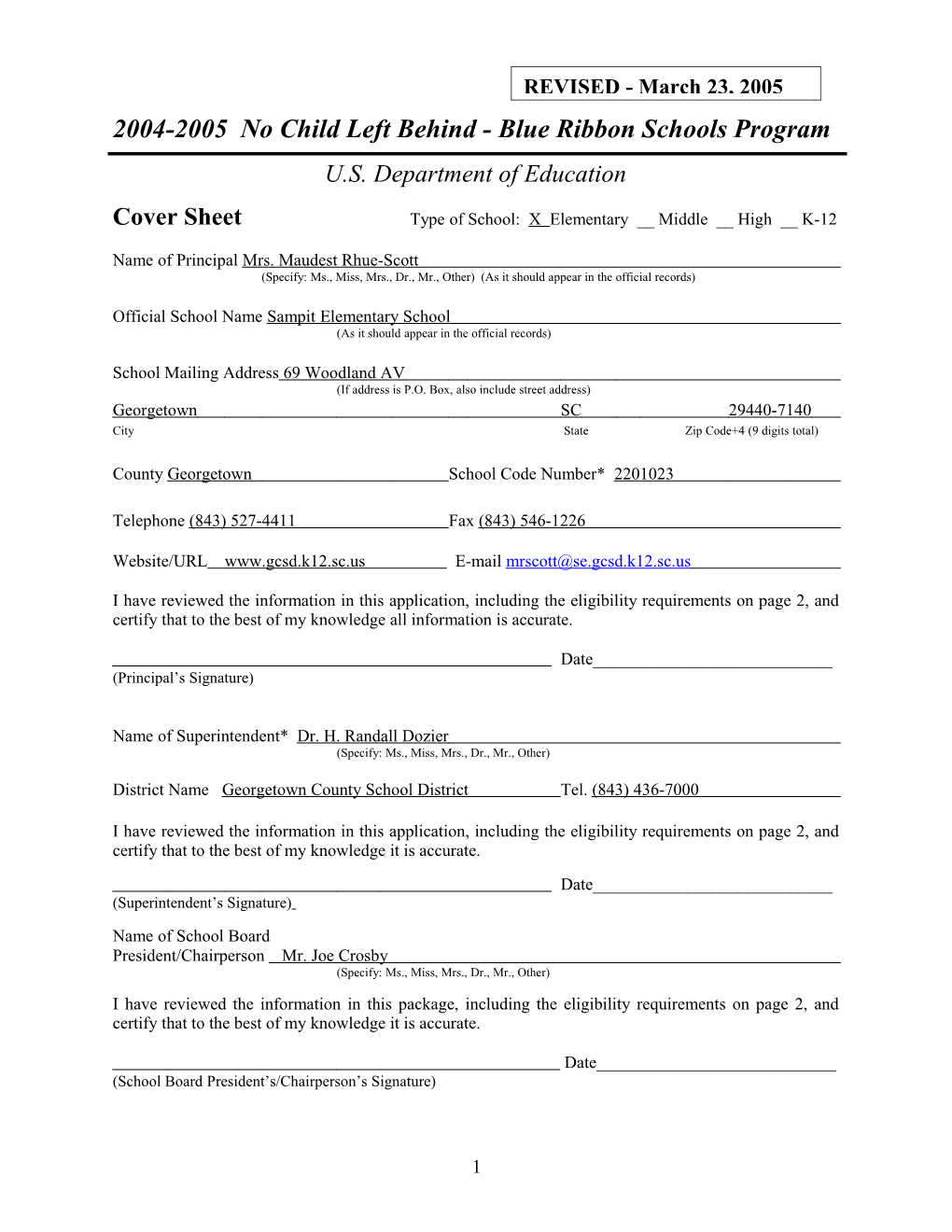 Sampit Elementary School Application: 2004-2005, No Child Left Behind - Blue Ribbon Schools