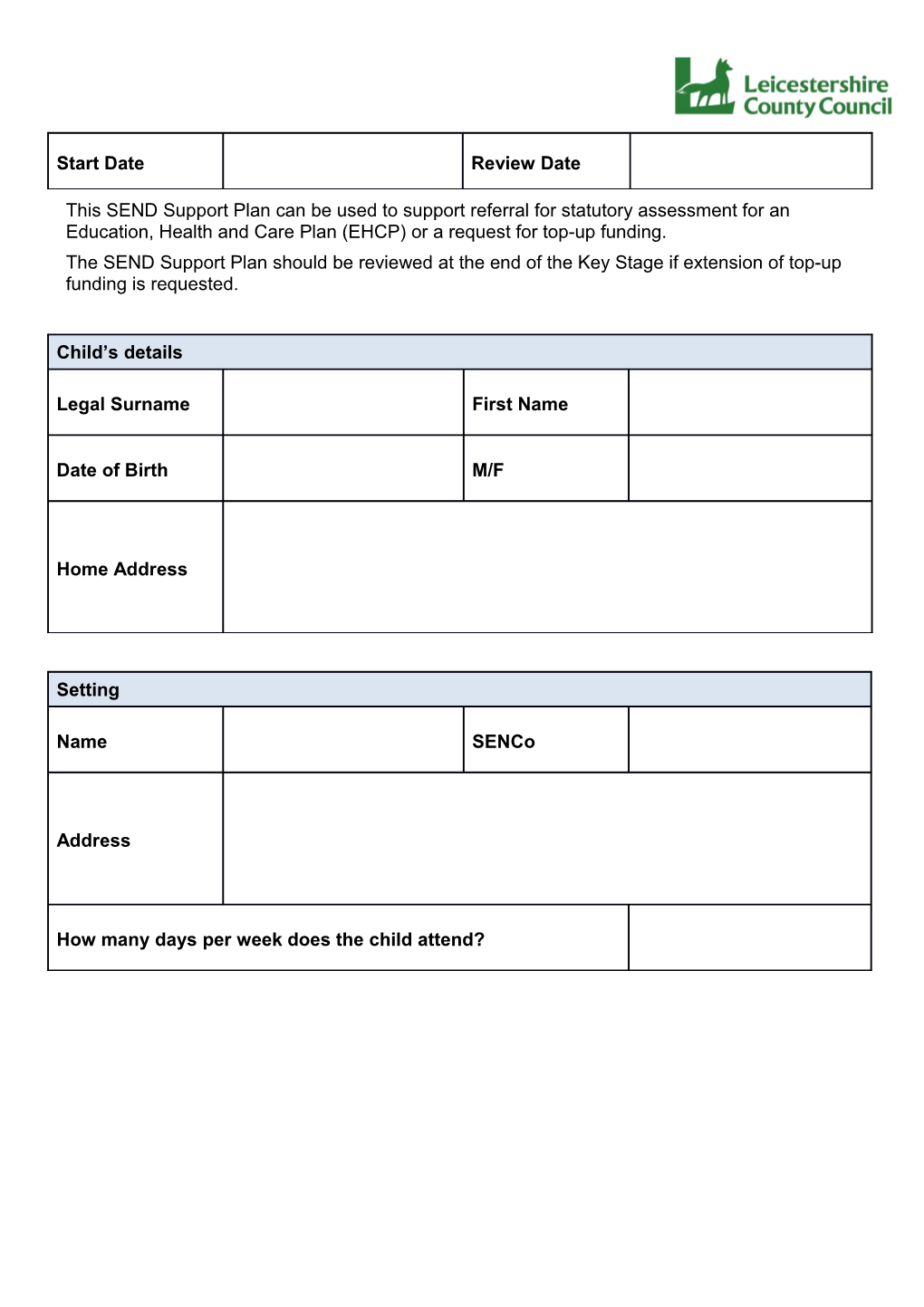 This SEND Support Plan Can Be Used to Support Referral for Statutory Assessment for An