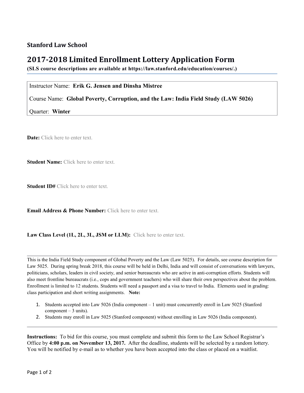 2017-2018 Limited Enrollment Lottery Application Form