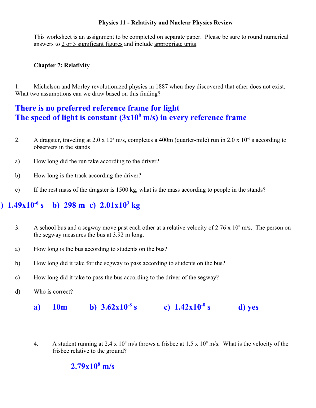 Physics 11 - Relativity Review