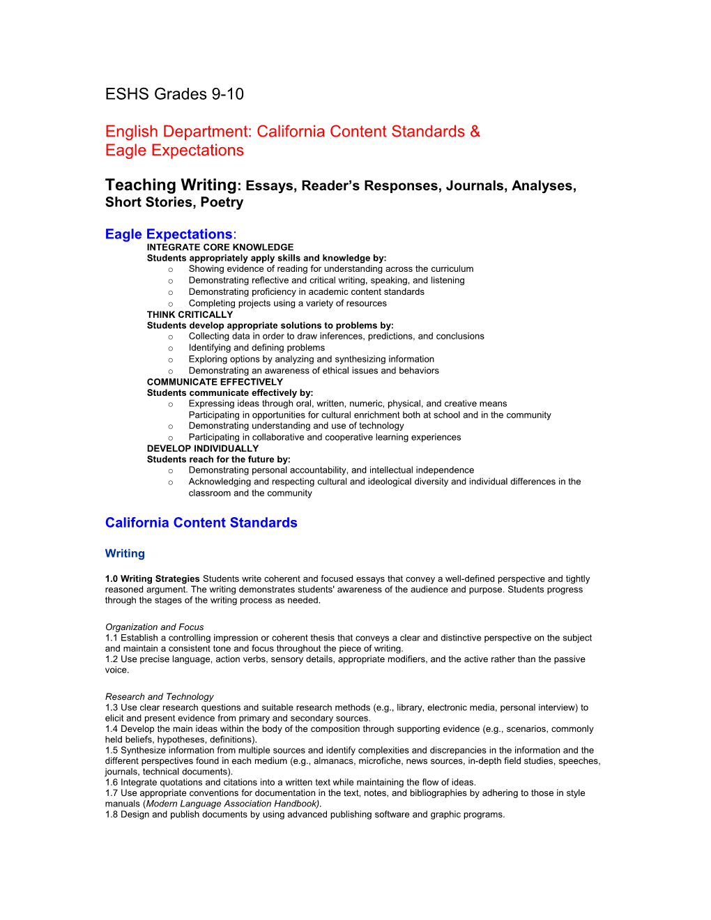 English Department: California Content Standards &