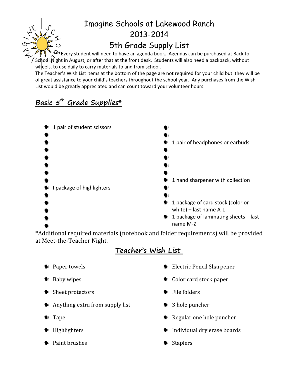 5Th Grade Supply List