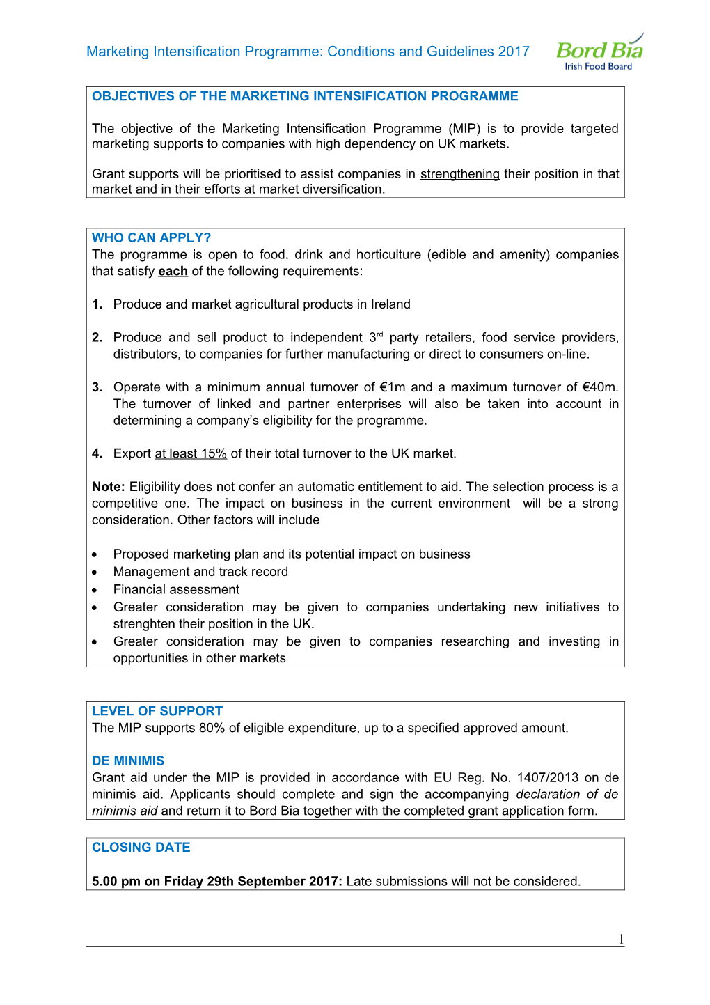 Objectives of the Marketing Intensification Programme