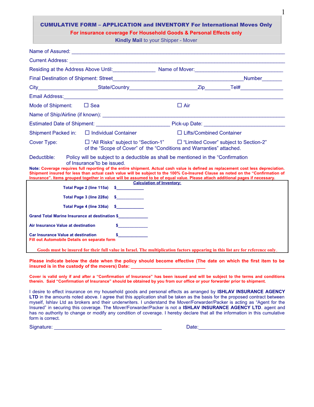 CUMULATIVE FORM APPLICATION and INVENTORY for International Moves Only