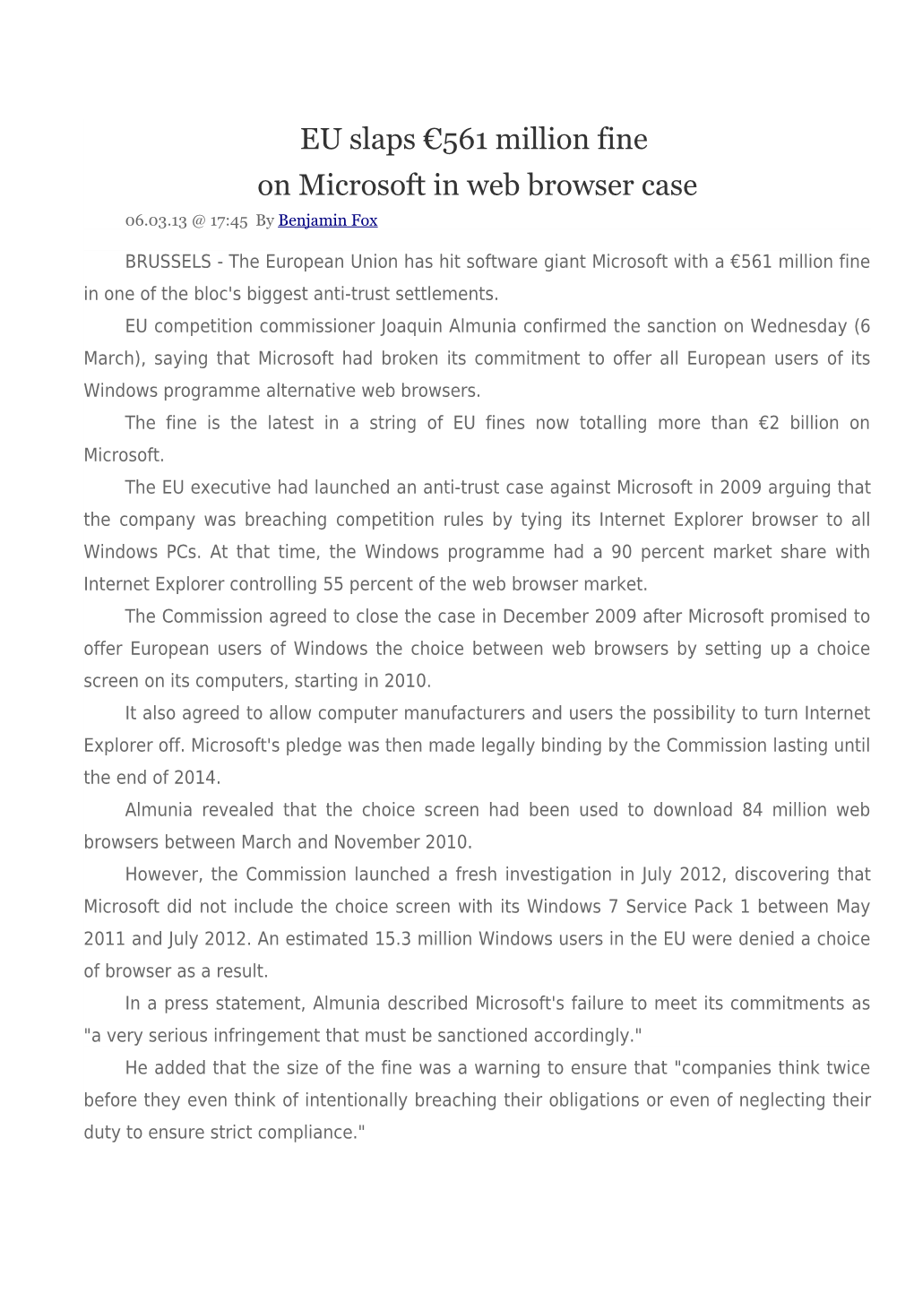 EU Slaps 561 Million Fine on Microsoft in Web Browser Case