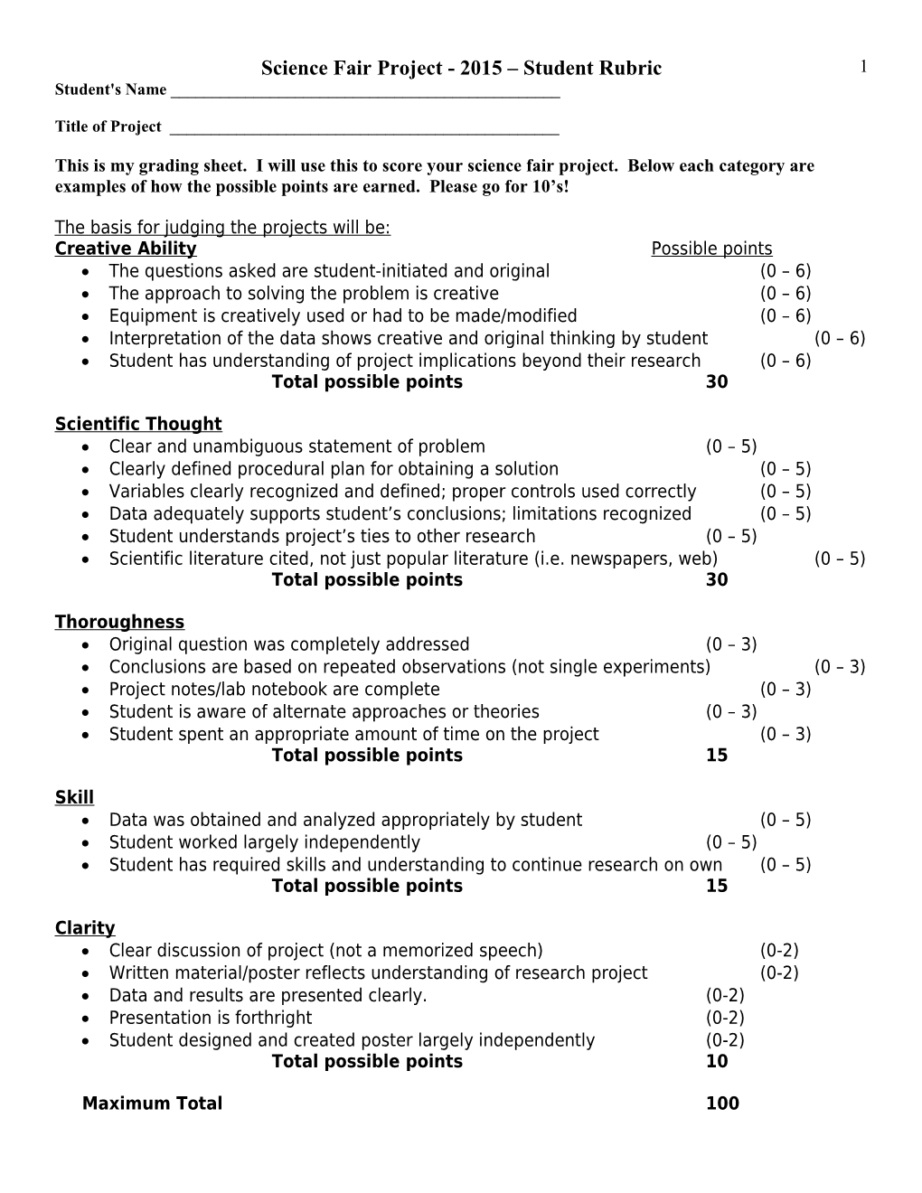 Science Fair Project - 2015 Student Rubric