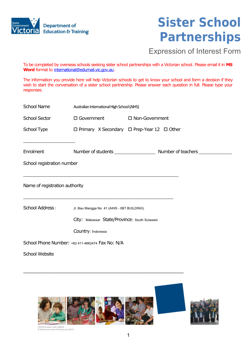 Australian International High School Sister School Program Expression of Interest