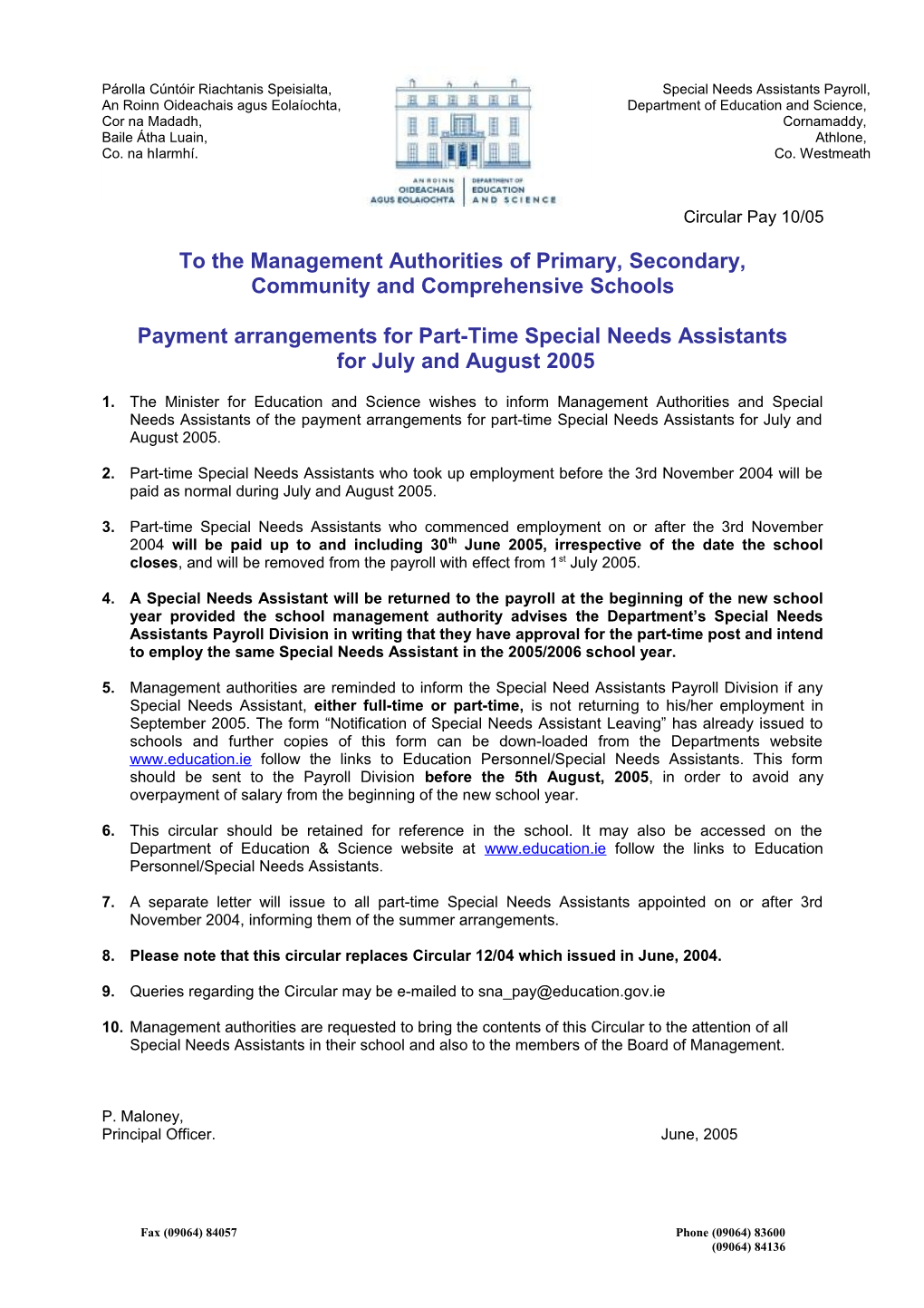 Circular Pay 10/05 - Payment Arrangements for Part-Time Special Needs Assistants for July