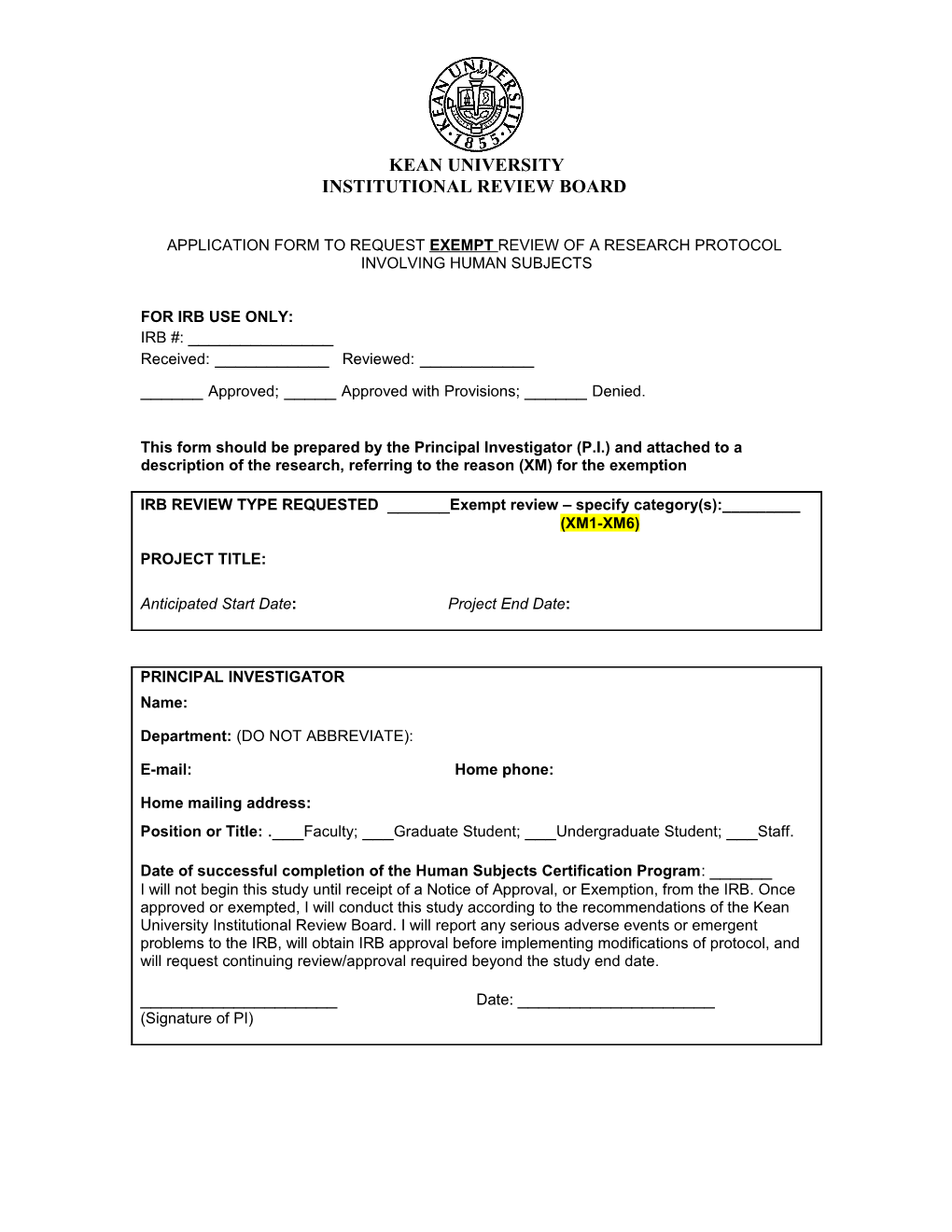 Application Form to Request Exempt Review of a Research Protocol