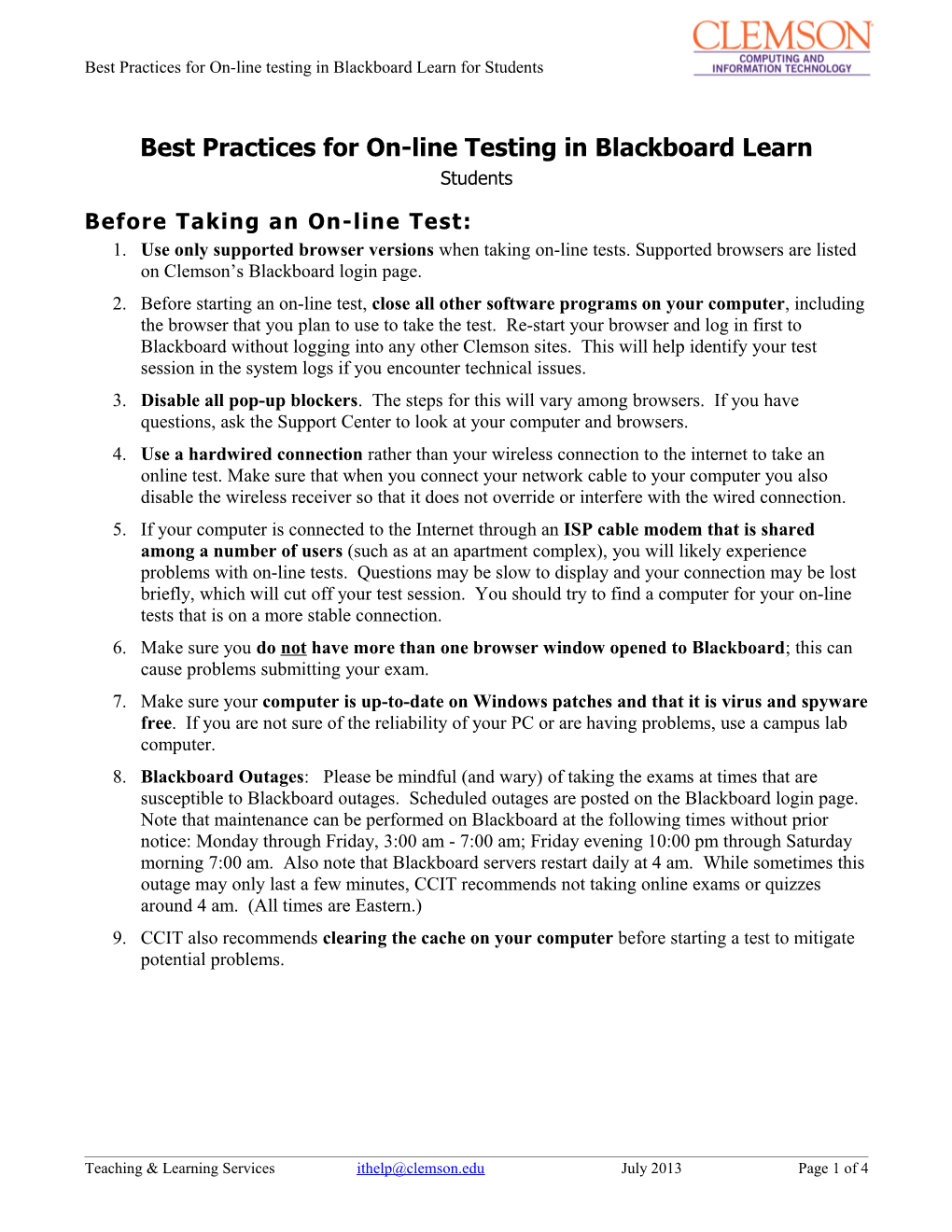 Best Practices for On-Line Testing in Blackboard Learn