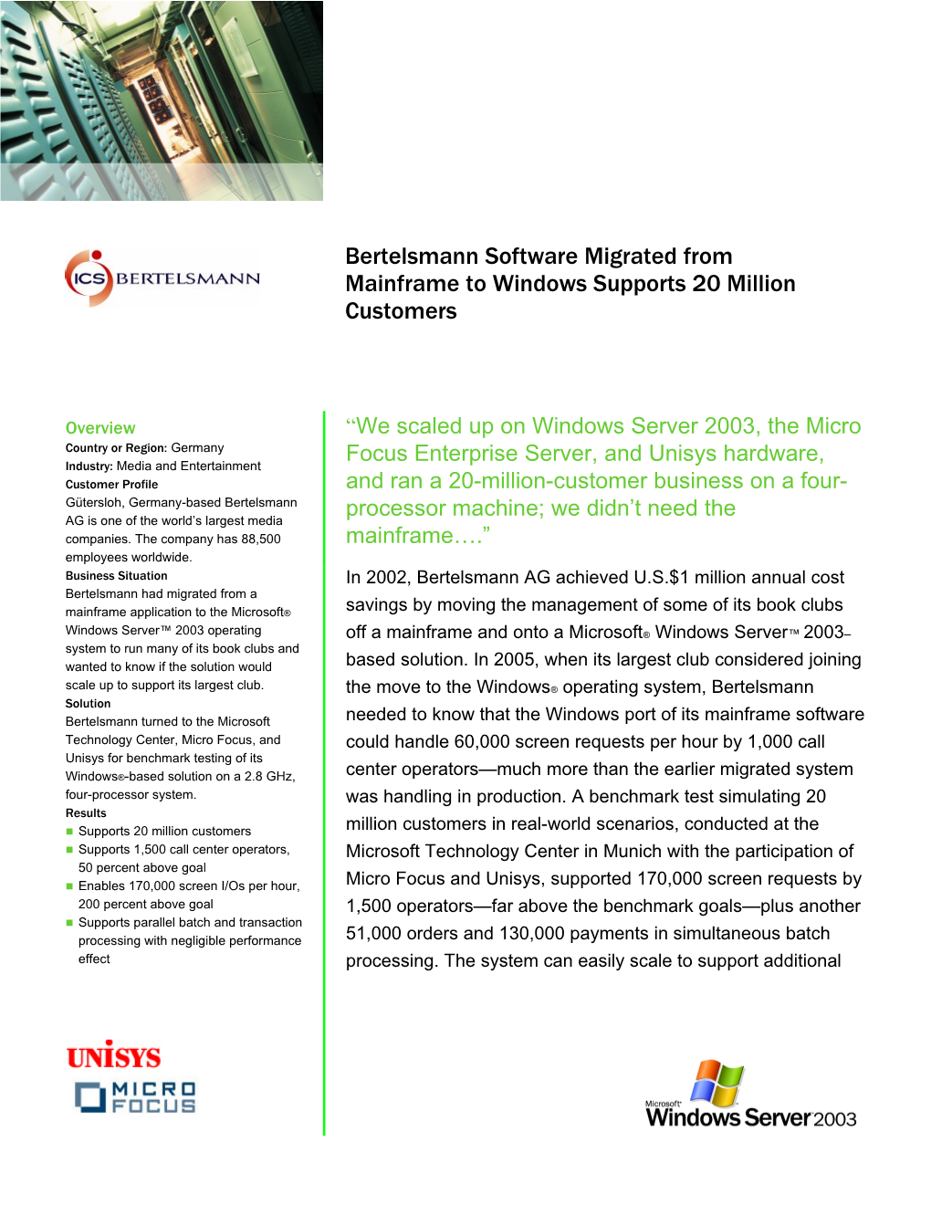 Bertelsmann Software Migrated from Mainframe to Windows Supports 20 Million Customers