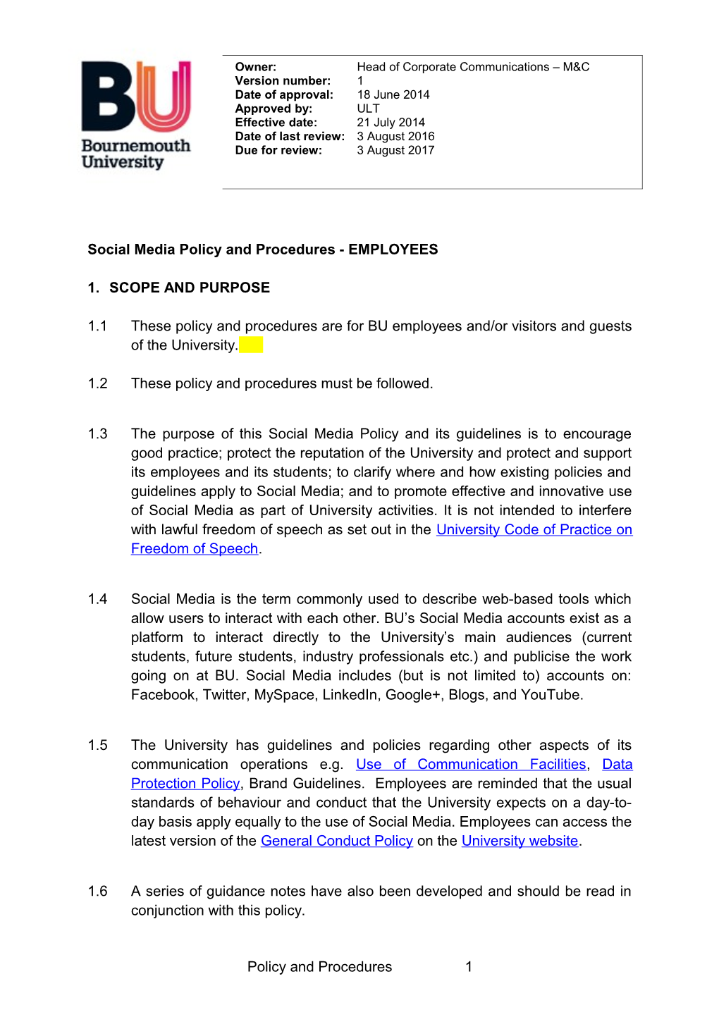 Social Media Policy and Procedures - EMPLOYEES