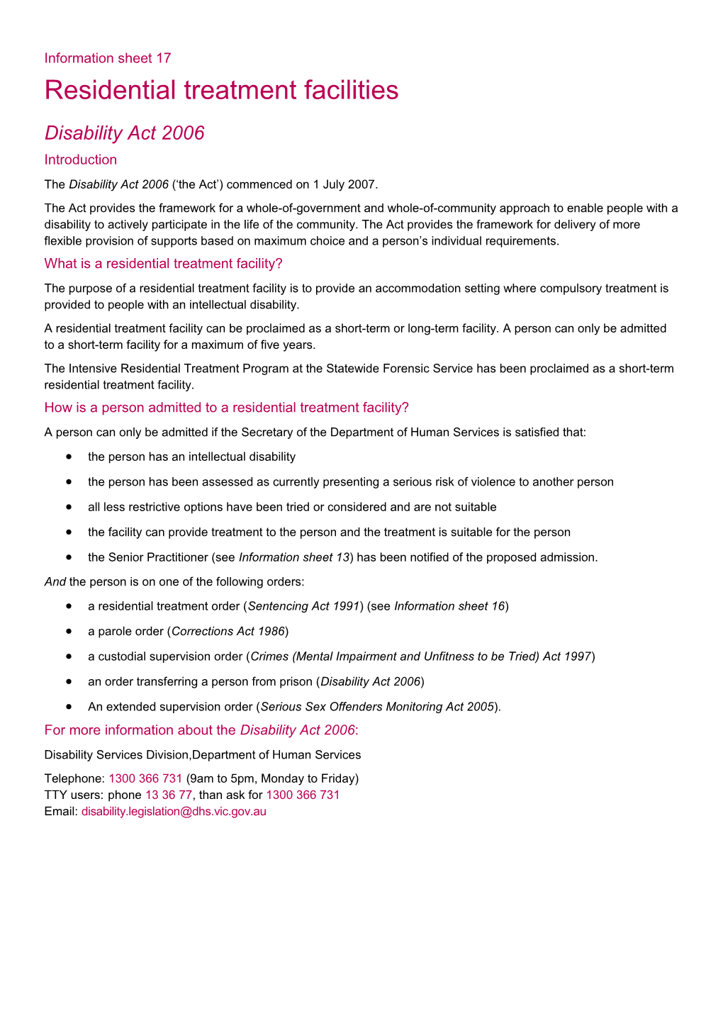 Residential Treatment Facilities - Disability Act 2006 Information Sheet 17