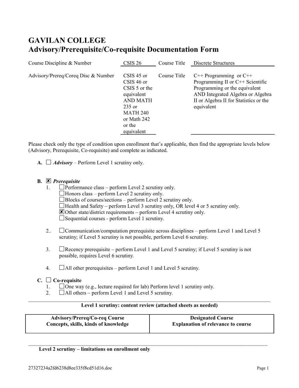 Advisory/Prerequisite/Co-Requisite Documentation Form