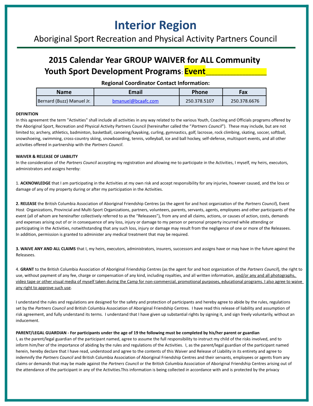 2015 Calendar Year GROUP WAIVER for ALL Community