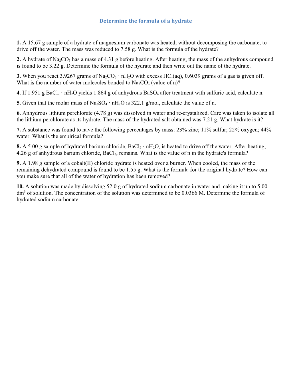 Chemteam: Determine the Formula of a Hydrate