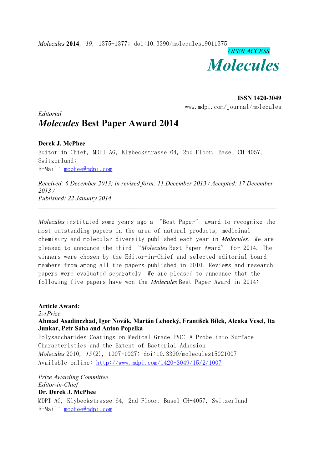 Molecules Best Paper Award 2014