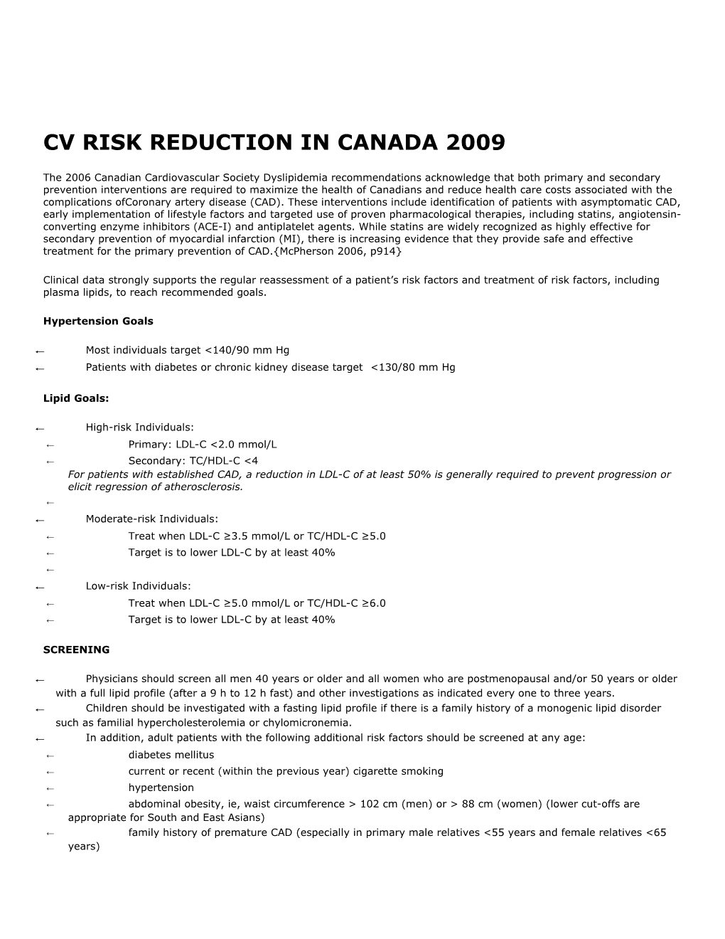Cv Risk Reduction in Canada 2009