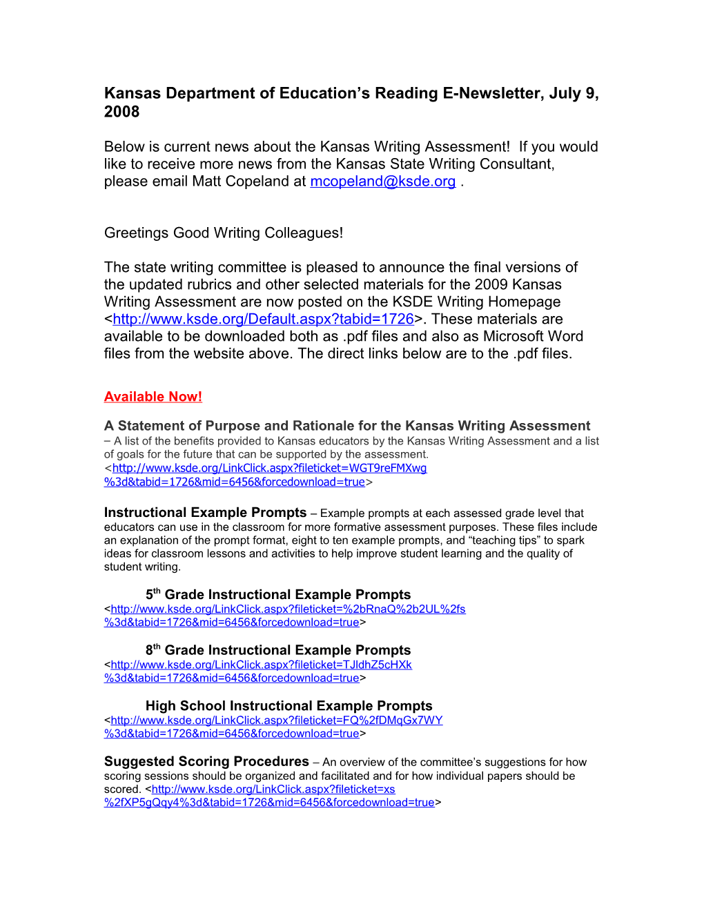 Kansas Department of Education S Reading E-Newsletter, July 9, 2008