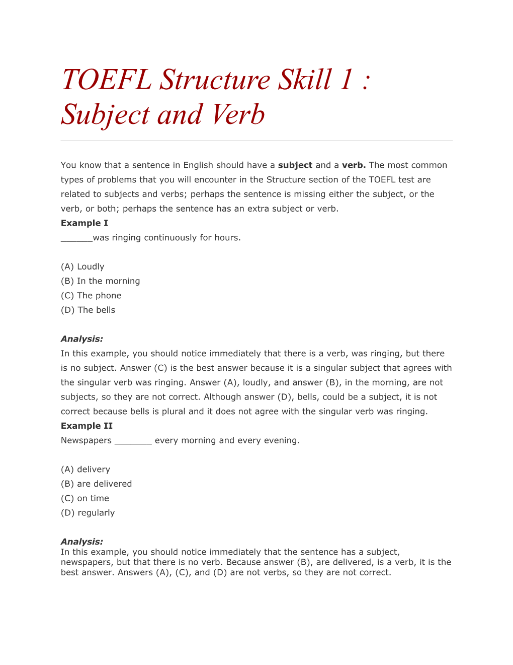 TOEFL Structure Skill 1 : Subject Andverb