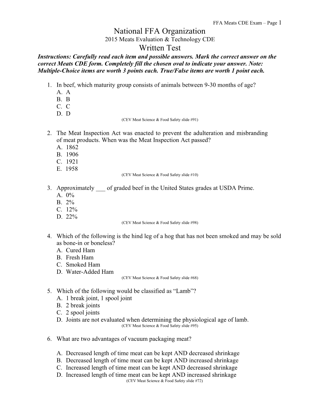 FFA Meats CDE Exam Page 1